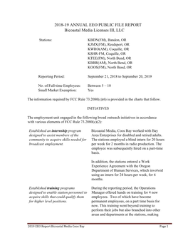 2018-19 ANNUAL EEO PUBLIC FILE REPORT Bicoastal Media Licenses III, LLC