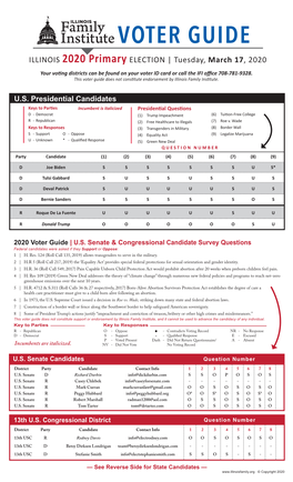 VOTER GUIDE ILLINOIS 2020 Primary ELECTION | Tuesday, March 17, 2020 Your Voting Districts Can Be Found on Your Voter ID Card Or Call the IFI Office 708-781-9328