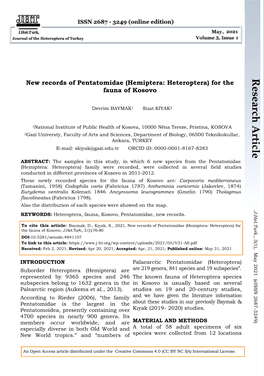 Research Article New Records of Pentatomidae (Hemiptera: Heteroptera) for the Fauna of Kosovo