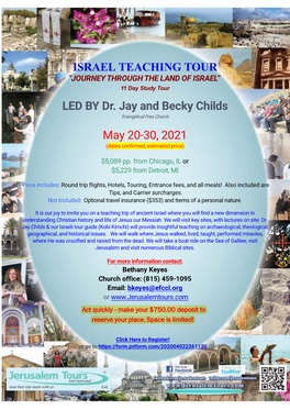 ISRAEL TEACHING TOUR LED by Dr. Jay and Becky Childs May 20-30