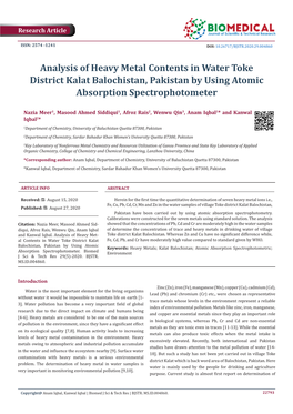 Analysis of Heavy Metal Contents in Toke District Kalat Balochistan, Pakistan by Using Atomic Absorption Spectrophotometer