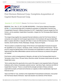First Horizon National Corp. Completes Acquisition of Capital Bank Financial Corp