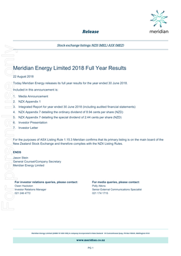 Meridian Energy Limited 2018 Full Year Results