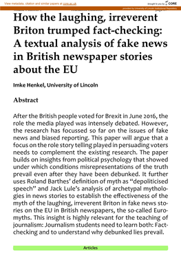 How the Laughing, Irreverent Briton Trumped Fact-Checking: a Textual Analysis of Fake News in British Newspaper Stories About the EU