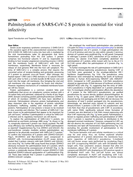 Palmitoylation of SARS-Cov-2 S Protein Is Essential for Viral Infectivity