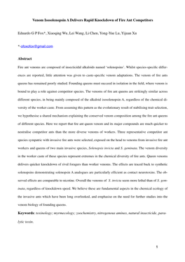 Venom Isosolenopsin a Delivers Rapid Knockdown of Fire Ant Competitors