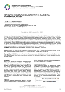 Agriculture Productivity in Solapur District of Maharashtra: a Geographical Analysis