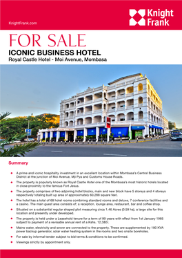 FOR SALE ICONIC BUSINESS HOTEL Royal Castle Hotel - Moi Avenue, Mombasa