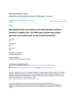 Microbial Diversity and Activity in the <I>Nematostella Vectensis</I