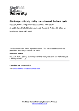 Star Image, Celebrity Reality Television and the Fame Cycle DELLER, Ruth A
