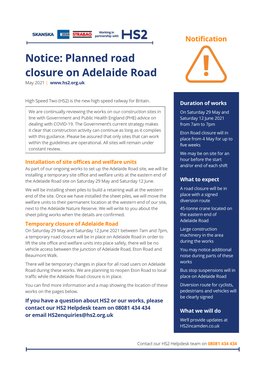 Notice: Planned Road Closure on Adelaide Road May 2021 |
