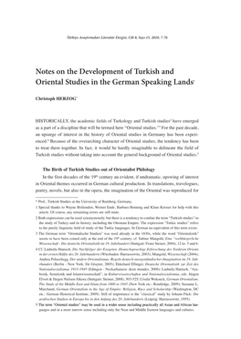 Notes on the Development of Turkish and Oriental Studies in the German Speaking Lands1