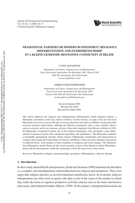 Traditional Farmers Or Modern Businessmen? Religious Differentiation and Entrepreneurship in a Kleine Gemeinde Mennonite Community in Belize