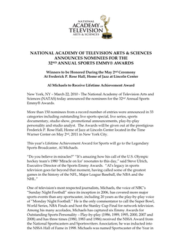 National Academy of Television Arts & Sciences Announces Nominees for the 32Nd Annual Sports Emmy® Awards