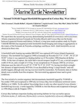 MTN 116:26 Second TAMAR-Tagged Hawksbill Recaptured in Corisco Bay, West Africa Marine Turtle Newsletter 116:26, © 2007