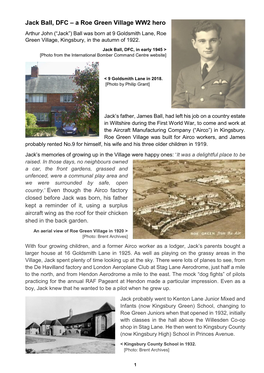 Jack Ball, DFC – a Roe Green Village WW2 Hero Arthur John (“Jack”) Ball Was Born at 9 Goldsmith Lane, Roe Green Village, Kingsbury, in the Autumn of 1922