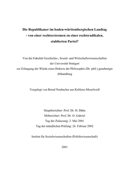 Die Republikaner Im Baden-Württembergischen Landtag - Von Einer Rechtsextremen Zu Einer Rechtsradikalen, Etablierten Partei?