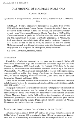 Distribution of Mammals in Albania