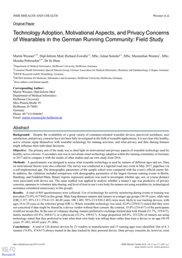 Technology Adoption, Motivational Aspects, and Privacy Concerns of Wearables in the German Running Community: Field Study