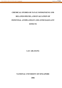 Chemical Studies of Panax Notoginseng and Related Species, and Evaluation of Potential Antiplatelet and Anticoagulant Effects La