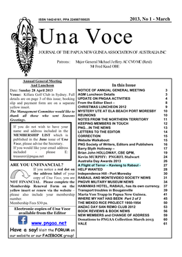 2013, No 1 - March Una Voce JOURNAL of the PAPUA NEW GUINEA ASSOCIATION of AUSTRALIA INC