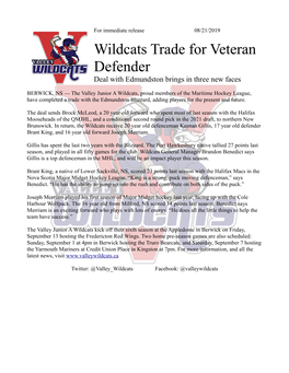 Wildcats Trade for Veteran Defender Deal with Edmundston Brings in Three New Faces