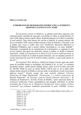 O Problemă De Demografie Istorică De La Sfârşitul Domniei Lui Ştefan Cel Mare