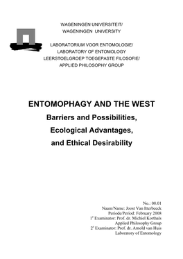 ENTOMOPHAGY and the WEST Barriers and Possibilities, Ecological Advantages