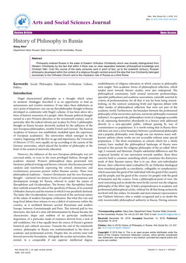 History of Philosophy in Russia Alexy Alex* Department Head, Russian State University for the Humanities, Russia