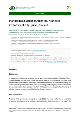 Arachnida, Araneae) Inventory of Kilpisjärvi, Finland