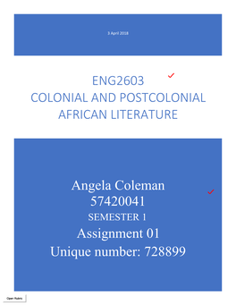 Eng2603 Colonial and Postcolonial African Literature