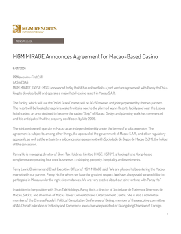 MGM MIRAGE Announces Agreement for Macau-Based Casino