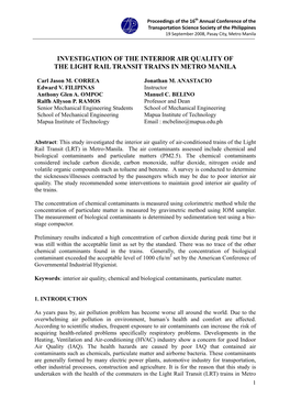 Investigation of the Interior Air Quality of the Light Rail Transit Trains in Metro Manila