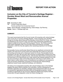 Inclusion on the City of Toronto's Heritage Register - Dundas Street West and Roncesvalles Avenue Properties