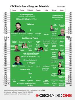 CBC Radio One - Program Schedule Summer 2019