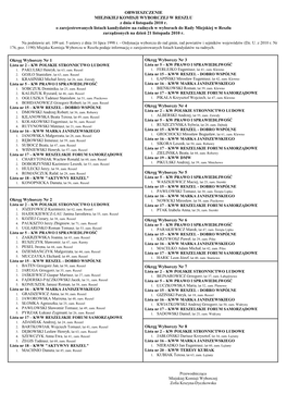 OBWIESZCZENIE MIEJSKIEJ KOMISJI WYBORCZEJ W RESZLU Z Dnia 4 Listopada 2010 R