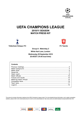 Uefa Champions League 2010/11 Season Match Press Kit