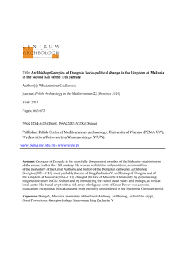 Title: Archbishop Georgios of Dongola. Socio-Political Change in the Kingdom of Makuria in the Second Half of the 11Th Century