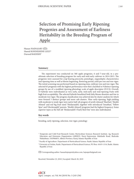 Selection of Promising Early Ripening Progenies and Assessment of Earliness Heritability in the Breeding Program of Apple