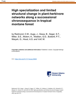 High Specialization and Limited Structural Change in Plant-Herbivore Networks Along a Successional Chronosequence in Tropical Montane Forest