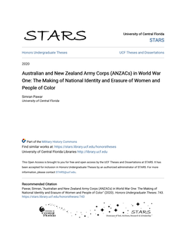 Australian and New Zealand Army Corps (Anzacs) in World War One: the Making of National Identity and Erasure of Women and People of Color