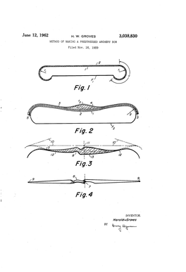 June 12, 1962 H. W. Groves 3,038,830 METHOD OF' MAKING a PRESTRESSED ARCHERY BOW Filed NOV