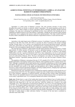 Agricultural Potential in Winder Basin, Lasbela: an Analysis Based on Farmer’S Perceptions