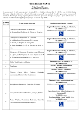 OBWIESZCZENIE Wójta Gminy Główczyce Z Dnia 18 Kwietnia 2019Roku