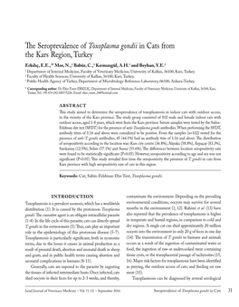 The Seroprevalence of Toxoplasma Gondii in Cats from the Kars Region