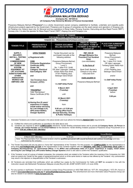 PRASARANA MALAYSIA BERHAD (Company No.: 467220-U) (A Company Fully Owned by Minister of Finance Incorporated)