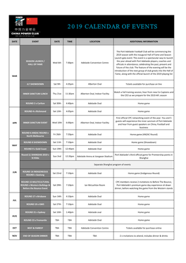 2019 Calendar of Events