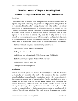 Module 4: Aspects of Magnetic Recording Head Lecture 21: Magnetic Circuits and Eddy Current Losses