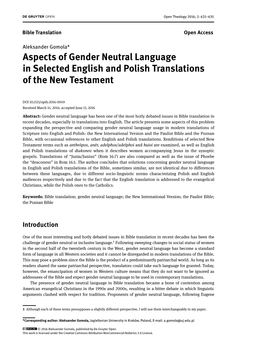 Aspects of Gender Neutral Language in Selected English and Polish Translations of the New Testament