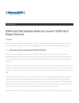 ESPN and XM Satellite Radio to Launch 'ESPN Xtra' Radio Channel